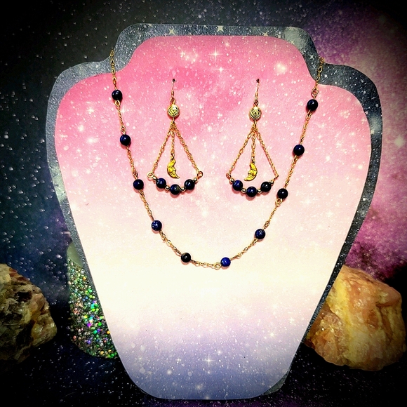 Lapis Lazuli 14K Gold Necklace And Earings Set - Picture 1 of 4